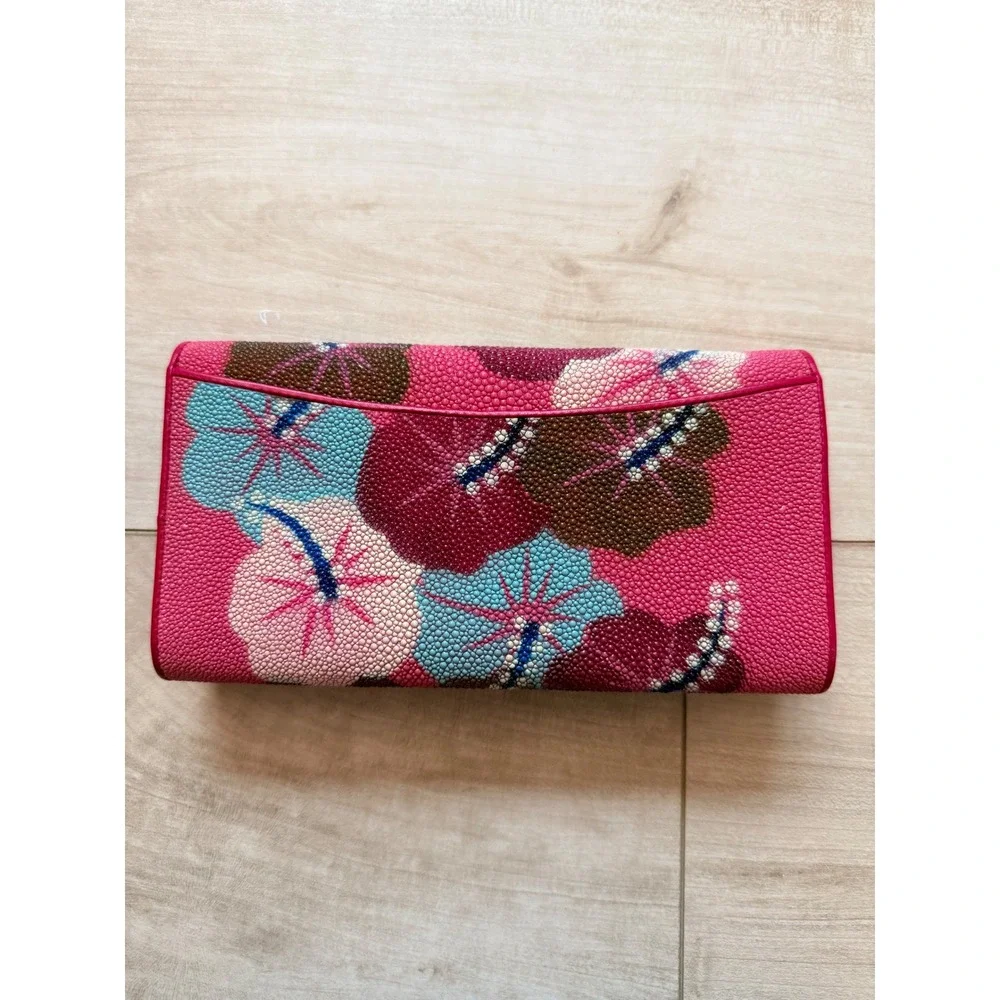 Genuine Stingray Skin Wallet Rare Hibiscus Pink Floral Design Made in Thailand